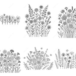 May include: Black and white line art illustrations of various wildflower arrangements. The image features six different designs, including daisies, tall grasses, and other floral elements, perfect for crafting or design projects.