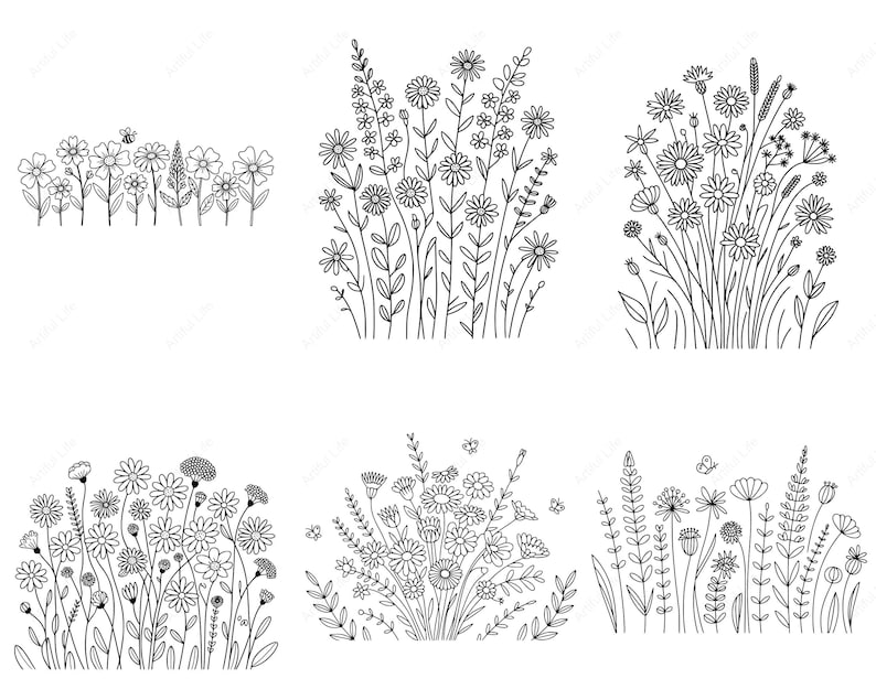 May include: Black and white line art illustrations of various wildflower arrangements. The image features six different designs, including daisies, tall grasses, and other floral elements, perfect for crafting or design projects.