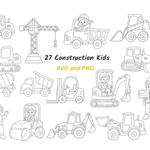 Peut inclure: Une collection d'illustrations en noir et blanc au trait représentant des véhicules de chantier et des enfants portant des casques de sécurité. L'ensemble comprend une grue, un camion-benne, une pelleteuse, un bulldozer, une bétonnière, un chariot élévateur et un rouleau compresseur avec le texte 27 Construction Kids SVG and PNG.