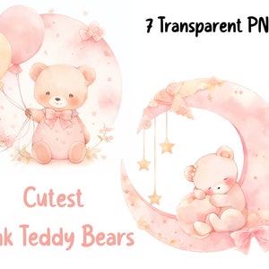 Clipart di un simpatico orsacchiotto / Baby Shower per una bambina / 7 clipart PNG trasparenti / Download digitale istantaneo Uso commerciale