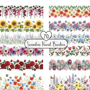 Può includere: Una collezione di 70 bordi floreali senza cuciture. L'immagine presenta illustrazioni ad acquerello di vari fiori, tra cui girasoli e rose. Il testo "Seamless Floral Borders" è visualizzato in un banner.