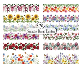 90 Watercolor Seamless Floral Border PNG | Watercolor Flower Clipart | Summer flower border | Spring flower border | Digital Download