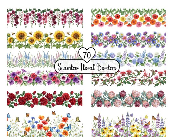 90 Watercolor Seamless Floral Border PNG | Watercolor Flower Clipart | Summer flower border | Spring flower border | Digital Download