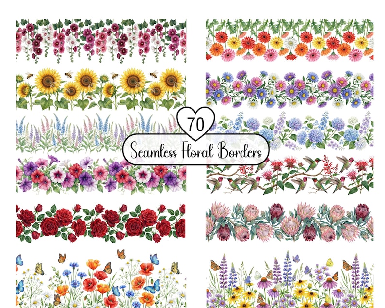 May include: A collection of 70 seamless floral borders in various designs. The borders feature watercolor illustrations of sunflowers, roses, butterflies, and other flowers. The text "Seamless Floral Borders" is displayed in a banner.
