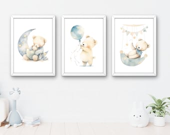 Teddy Bear Printable  - Set of 3 Wall Art, Bear Nursery Decor, Nursery Wall Art, Baby Boy Print, New Baby Printable, Wall Art Nursery Boy