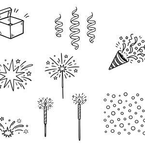May include: Black and white line art illustrations of celebratory items. Includes an open gift box, party streamers, a party popper, fireworks, sparklers, and confetti.