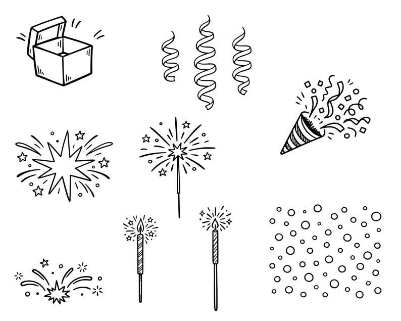May include: Black and white line art illustrations of celebratory items. Includes an open gift box, party streamers, a party popper, fireworks, sparklers, and confetti.