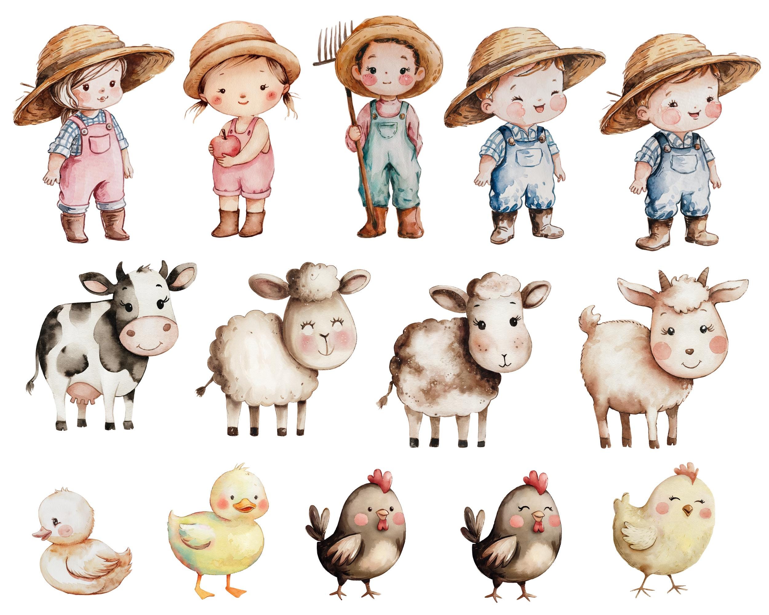 Cute Farm Clipart | Watercolor Farm Animals | Digital Download | Farm ...