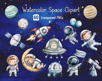 Space Watercolor Clipart | Cute Astronauts | Planets | Rockets | Space Nursery | Space Birthday | PNGs