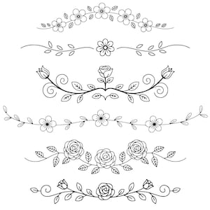 May include: Black and white line art of floral design elements. The image features various arrangements of flowers, leaves, and vines, including roses and other blossoms. These decorative borders are suitable for crafting and design projects.