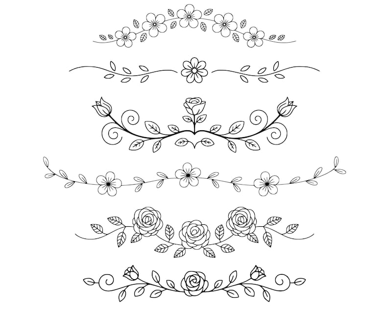 May include: Black and white line art of floral design elements. The image features various arrangements of flowers, leaves, and vines, including roses and other blossoms. These decorative borders are suitable for crafting and design projects.