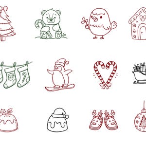 May include: A collection of Christmas-themed line art illustrations. The images include a Christmas tree, a bear with a candy cane, a bird, a gingerbread house, stockings, a penguin on a snowboard, a candy cane heart, a sleigh with gifts, a pudding, a Santa hat, reindeer slippers, and a Christmas ornament.
