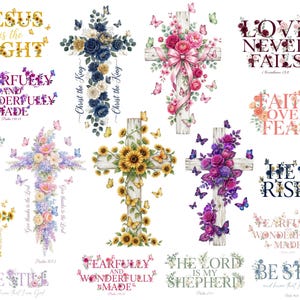 Könnte beinhalten: Eine Sammlung von Kreuzen mit Blumen und Schmetterlingen, die inspirierende Texte enthalten. Designs umfassen Sonnenblumen, Rosen und Sätze wie „Jesus ist das Licht“ und „Liebe versagt nie“. Die Kreuze sind in verschiedenen Farben gehalten.