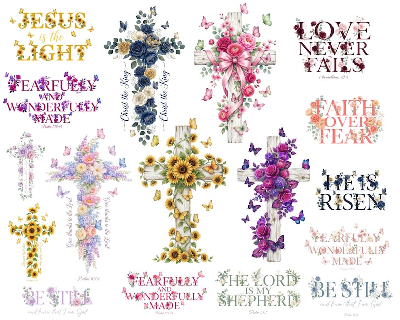 Puede incluir: Una colecci&oacute;n de cruces adornadas con flores y mariposas con texto inspirador. Los dise&ntilde;os incluyen girasoles, rosas y frases como "Jes&uacute;s es la luz" y "El amor nunca falla". Las cruces son de varios colores.