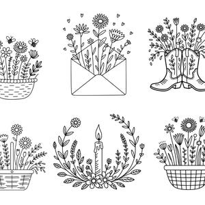 May include: Black and white line art illustrations of floral arrangements. The designs include flowers in a basket, an envelope, cowboy boots, and a candle surrounded by a wreath. Bees are also included in some of the designs.