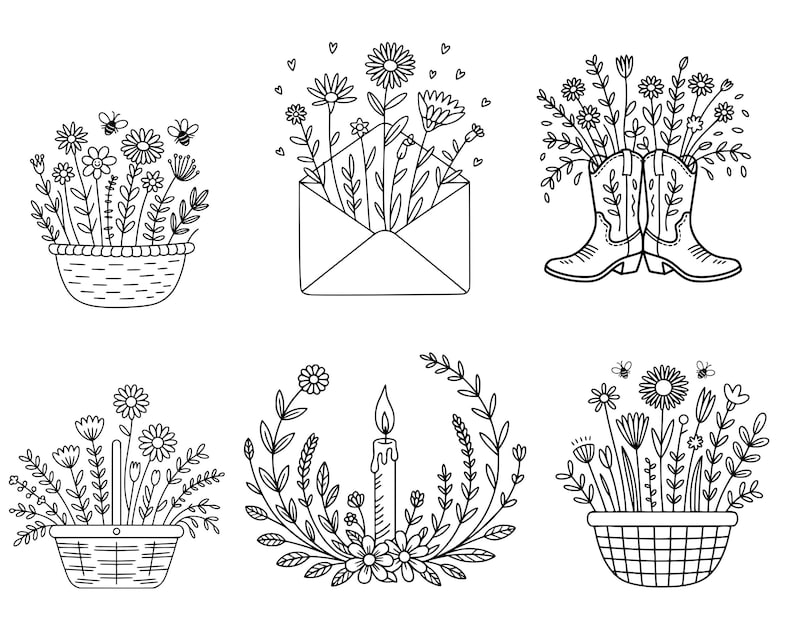 May include: Black and white line art illustrations of floral arrangements. The designs include flowers in a basket, an envelope, cowboy boots, and a candle surrounded by a wreath. Bees are also included in some of the designs.