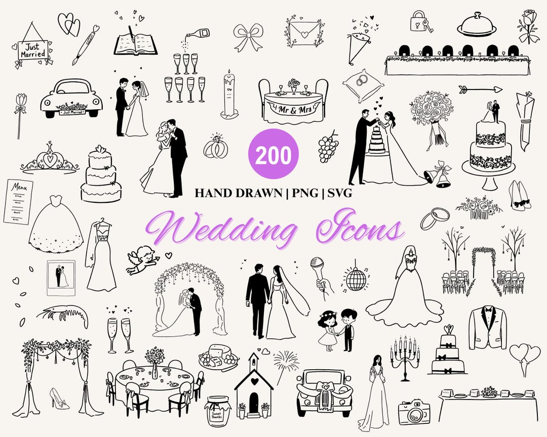 200 + Hand Drawn Wedding Icons SVG Bundle, Wedding Timeline Clipart ...