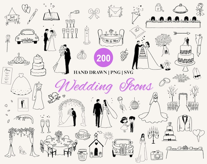 16 Hand Drawn Wedding Timeline Icons | SVG PNG JPG Files | Wedding Clip ...