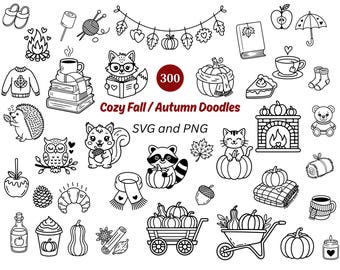 300 Cozy Fall svg | Autumn svg bundle | Handrawn doodle, svg files | Autumn png clipart | Pumpkins svg | Digital Download