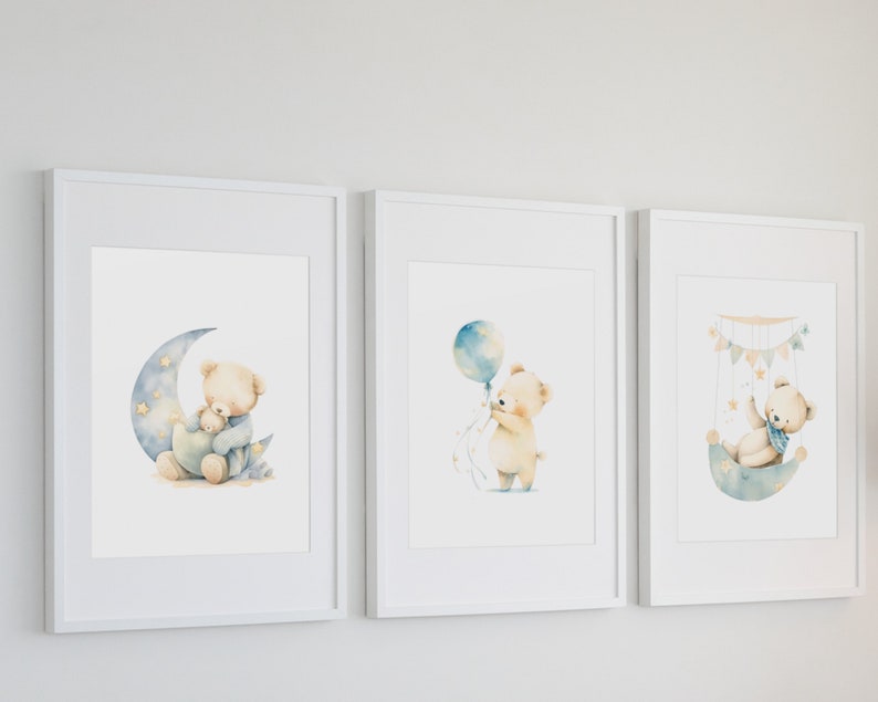 Teddy Bear Printable - Set of 3 Wall Art, Bear Nursery Decor, Nursery ...