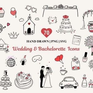 70 + icônes de mariage romantique dessinés à la main SVG Bundle, mariage chronologie des cliparts, Illustrations de mariage EVJF PNG, téléchargement numérique