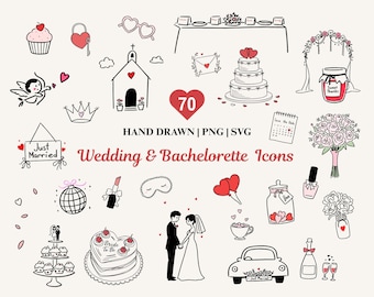 70 + Handgezeichnete romantische Hochzeits-Icons SVG-Bundle, Hochzeit-Timeline-Clipart, Bachelorette-Hochzeitsillustrationen PNG, digitaler Download