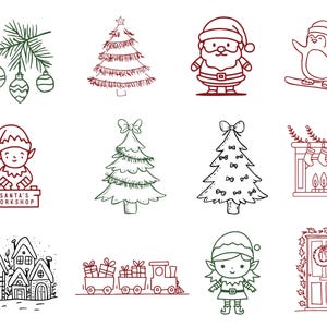May include: A collection of Christmas-themed line art illustrations in red and green. The images include a Christmas tree, Santa Claus, an elf, a penguin on a snowboard, a fireplace with stockings, a train carrying gifts, and a door with a wreath.