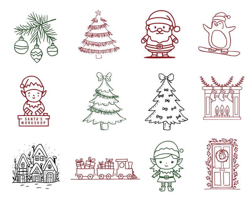 May include: A collection of Christmas-themed line art illustrations in red and green. The images include a Christmas tree, Santa Claus, an elf, a penguin on a snowboard, a fireplace with stockings, a train carrying gifts, and a door with a wreath.