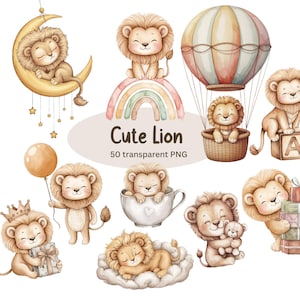 May include: Watercolor illustrations of adorable cartoon lions in various poses. One lion sits on a crescent moon, others on a rainbow, in a hot air balloon, and with gifts. The text "Cute Lion" is displayed.