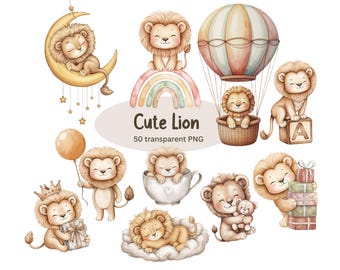 Watercolor Cute Lion Clipart PNG | Lion Nursery Clipart | Beige Neutral Lion | Baby Lion | Baby Shower Birthday Party | Digital Download