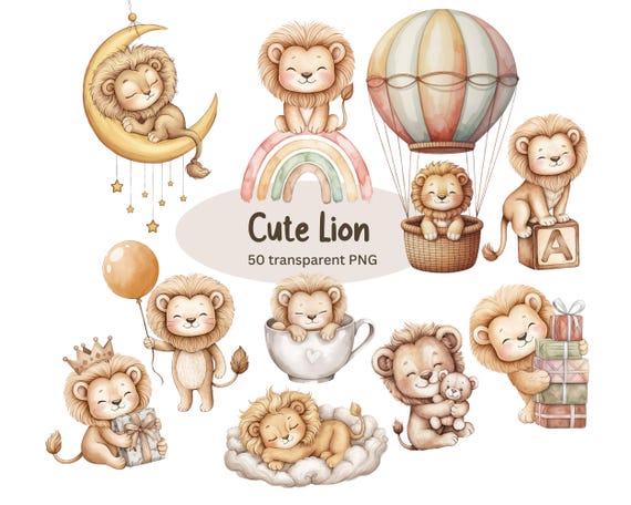 Watercolor Cute Lion Clipart PNG | Lion Nursery Clipart | Beige Neutral Lion | Baby Lion | Baby Shower Birthday Party | Digital Download