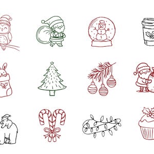 May include: A collection of Christmas-themed line art illustrations. The images include a cartoon owl, Santa Claus, a snowman in a snow globe, a coffee cup, a bunny in a stocking, a Christmas tree, ornaments, candy canes, a string of lights, a polar bear, and a cupcake.
