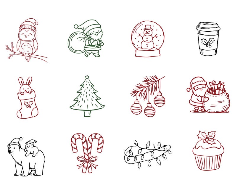 May include: A collection of Christmas-themed line art illustrations. The images include a cartoon owl, Santa Claus, a snowman in a snow globe, a coffee cup, a bunny in a stocking, a Christmas tree, ornaments, candy canes, a string of lights, a polar bear, and a cupcake.