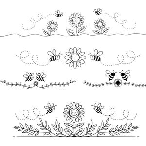 May include: Black and white line art featuring bees, sunflowers, and floral elements. The design includes bees with dotted flight paths, sunflowers, and decorative floral borders, perfect for crafting or design projects.