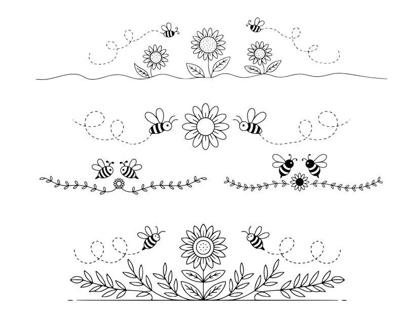 May include: Black and white line art featuring bees, sunflowers, and floral elements. The design includes bees with dotted flight paths, sunflowers, and decorative floral borders, perfect for crafting or design projects.