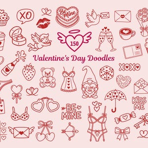 May include: A selection of red Valentine's Day doodles on a pink backdrop. The illustrations include hearts, cupcakes, champagne, lingerie, and the text "Valentine's Day Doodles".
