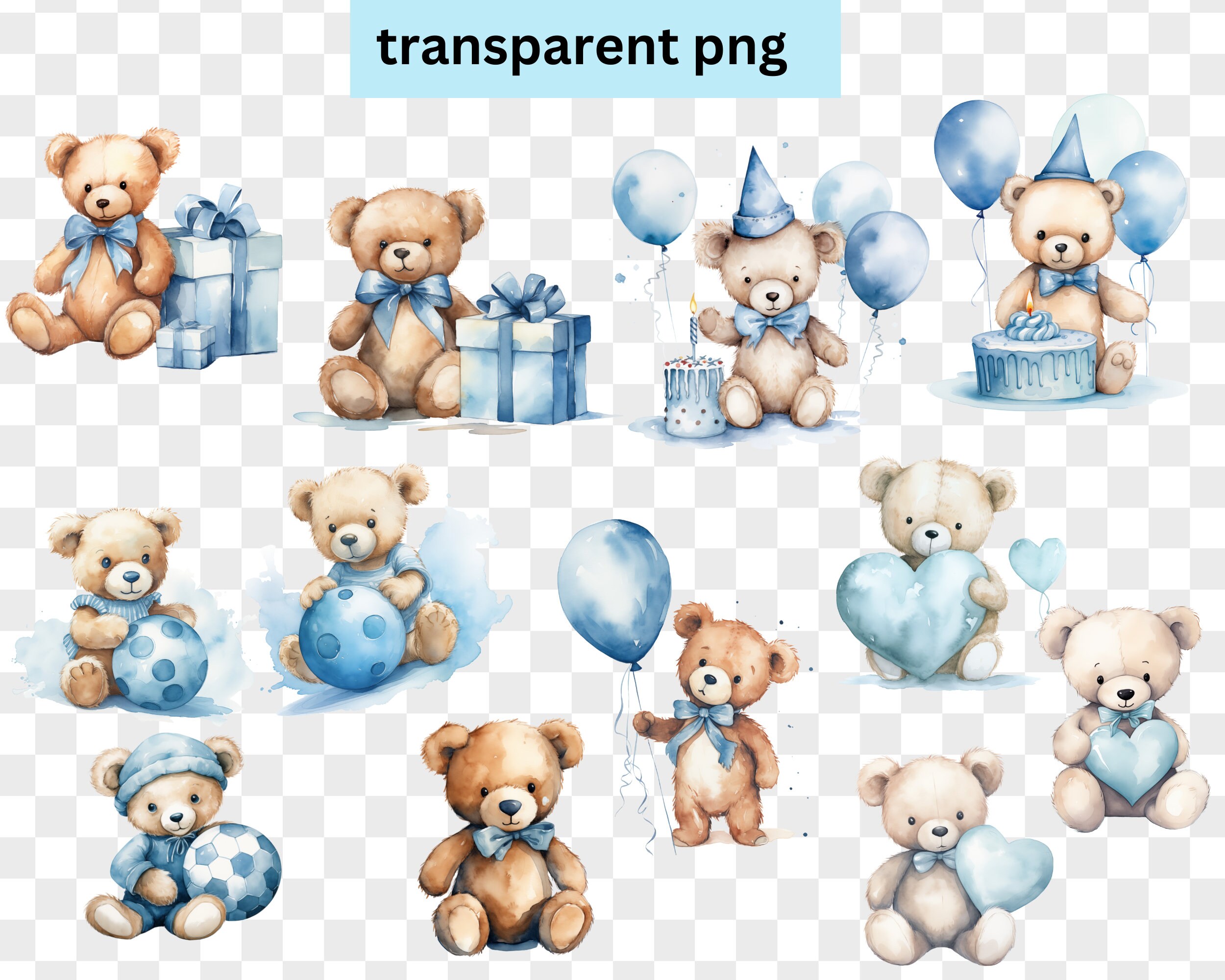Watercolor Blue Teddy Bear Clipart | Baby Shower for a Boy | 100 ...