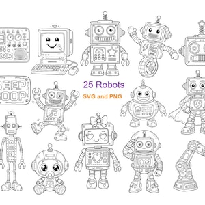 May include: A collection of black and white line art illustrations featuring various robots, a computer, and a speech bubble with the text BEEP BOOP. The central text reads 25 Robots SVG and PNG, showcasing diverse mechanical characters.