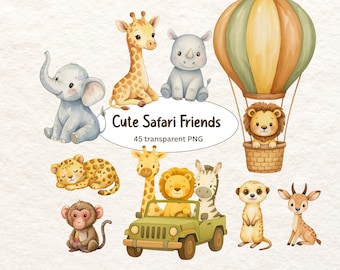 Clipart di animali da safari carini ad acquerello / Animali della giungla PNG / Cuccioli / Clipart per bambini / Amici del safari / Download digitale