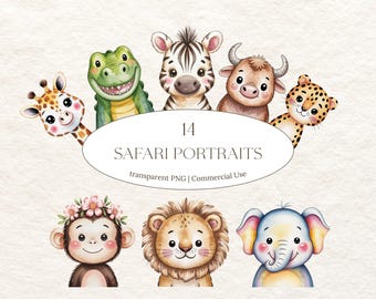 Safari Animals Portrait | Watercolor Safari Clipart | Nursery Wall Art | Giraffe, Lion, Zebra | Cute Animals | Baby Shower Clipart