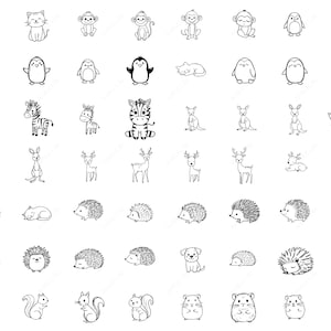 May include: Collection of hand-drawn black and white animal illustrations. Includes cats, monkeys, penguins, zebras, kangaroos, deer, hedgehogs, squirrels, hamsters, and a dog. Perfect for stickers, cards, or other crafts.