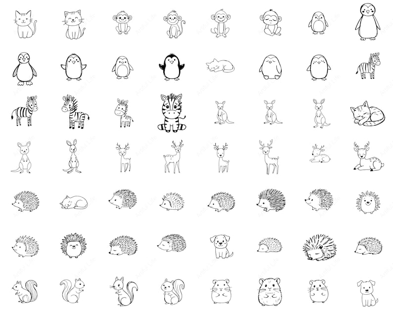 May include: Collection of hand-drawn black and white animal illustrations. Includes cats, monkeys, penguins, zebras, kangaroos, deer, hedgehogs, squirrels, hamsters, and a dog. Perfect for stickers, cards, or other crafts.