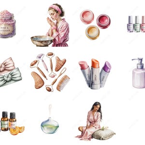 May include: Watercolor illustration of self-care items. Includes a jar of rose and lavender bath salts, lipsticks, nail polish, essential oils, face rollers, a comb, and a woman in a pink robe. Also shown are a hair bow, a woman washing her face, and a soap dispenser.