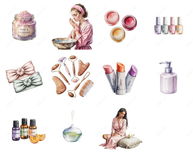 May include: Watercolor illustration of self-care items. Includes a jar of rose and lavender bath salts, lipsticks, nail polish, essential oils, face rollers, a comb, and a woman in a pink robe. Also shown are a hair bow, a woman washing her face, and a soap dispenser.