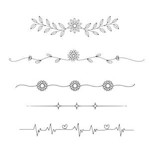 May include: A collection of five black and white line art designs. The designs include floral and botanical elements, such as daisies and leaves, as well as geometric and heart-shaped patterns. These designs are suitable for various creative projects.