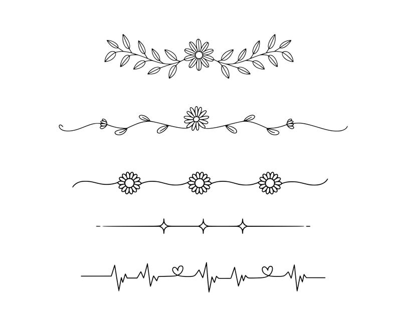 May include: A collection of five black and white line art designs. The designs include floral and botanical elements, such as daisies and leaves, as well as geometric and heart-shaped patterns. These designs are suitable for various creative projects.