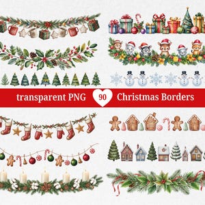 90 x Christmas Garland Borders Clipart PNG | Winter Christmas Festive Borders | Watercolor Winter Ornaments Decoration | Digital Download