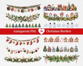 90 x Christmas Garland Borders Clipart PNG | Winter Christmas Festive Borders | Watercolor Winter Ornaments Decoration | Digital Download