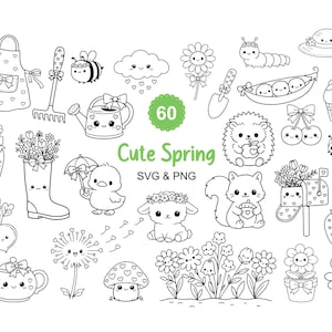 Puede incluir: Ilustración en blanco y negro de 60 elementos lindos con temática de primavera. Incluye animales, flores y herramientas de jardinería. También está presente el texto "Cute Spring SVG & PNG".