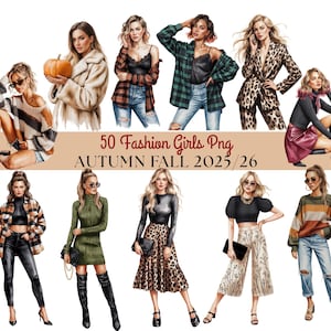 Może przedstawiać: Cyfrowa ilustracja 10 dziewczyn w modnych jesiennych strojach. Obraz zawiera tekst "50 Fashion Girls Png AUTUMN FALL 2025/26". Stroje obejmują kurtki, spódnice, dżinsy i swetry.